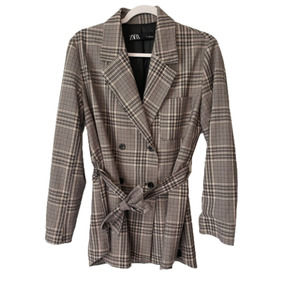 Zara Blush Pink & Black Plaid Double Breasted Stretch Blazer with belt Small
